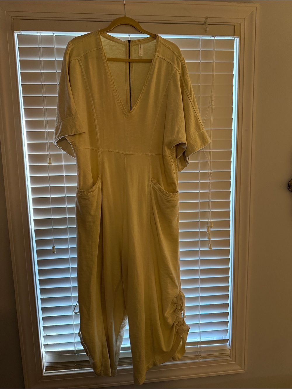 Free People Cream Short-Sleeve V-Neck Jumpsuit with Pockets